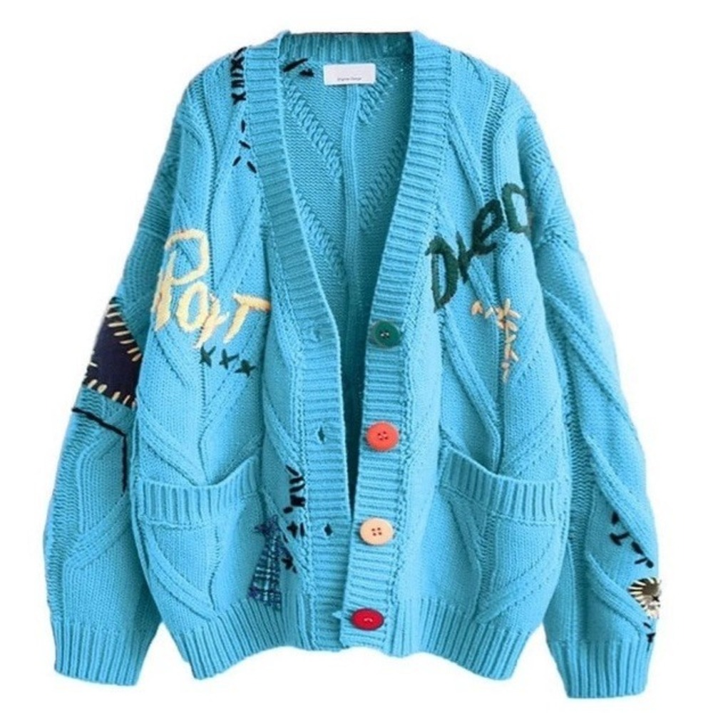New Ebossy Cardigan Sweater Patchwork Sport Dream Streetwear‎ Harajuku Blue XL